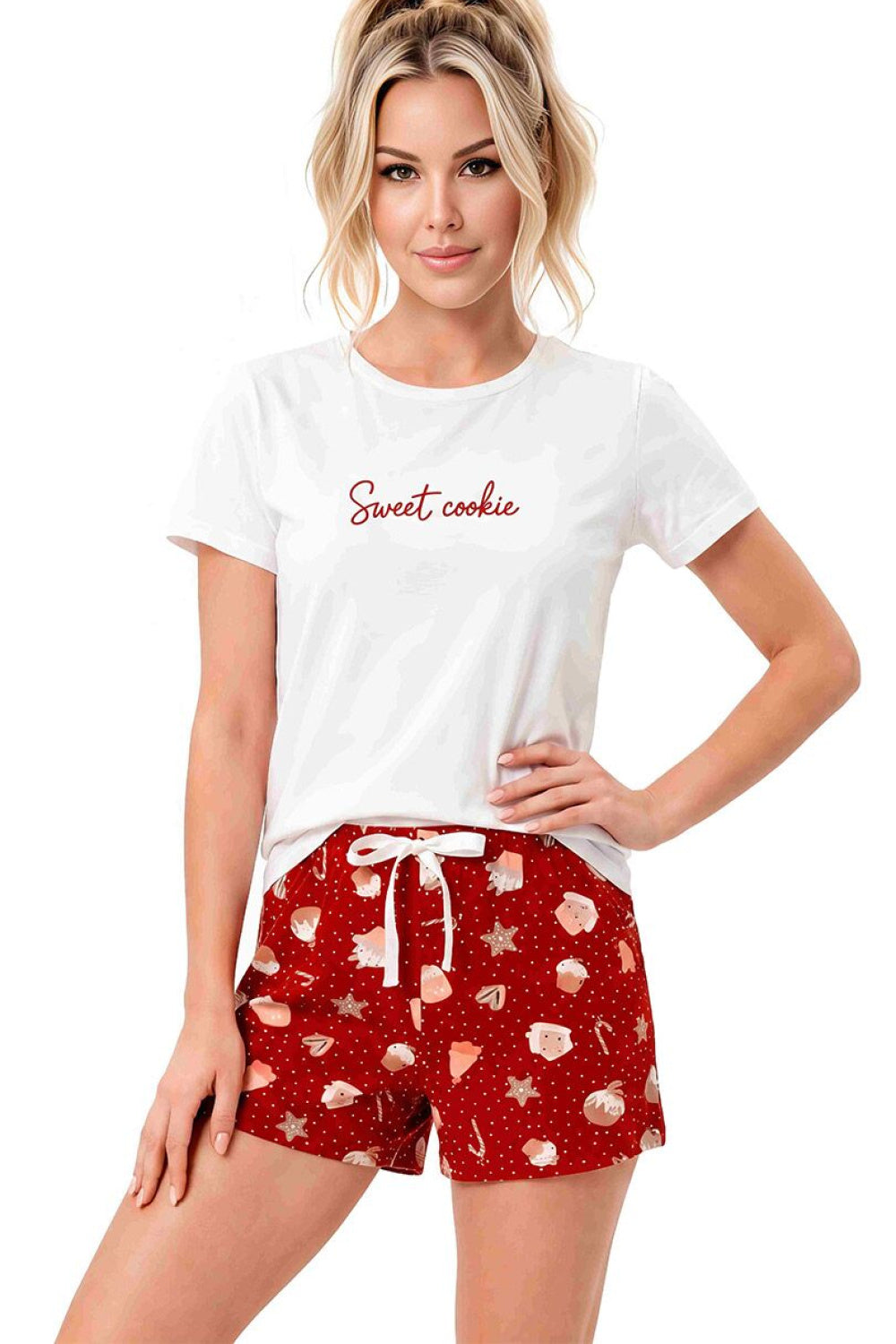 Piżama Cookie Short – ecru czerwony