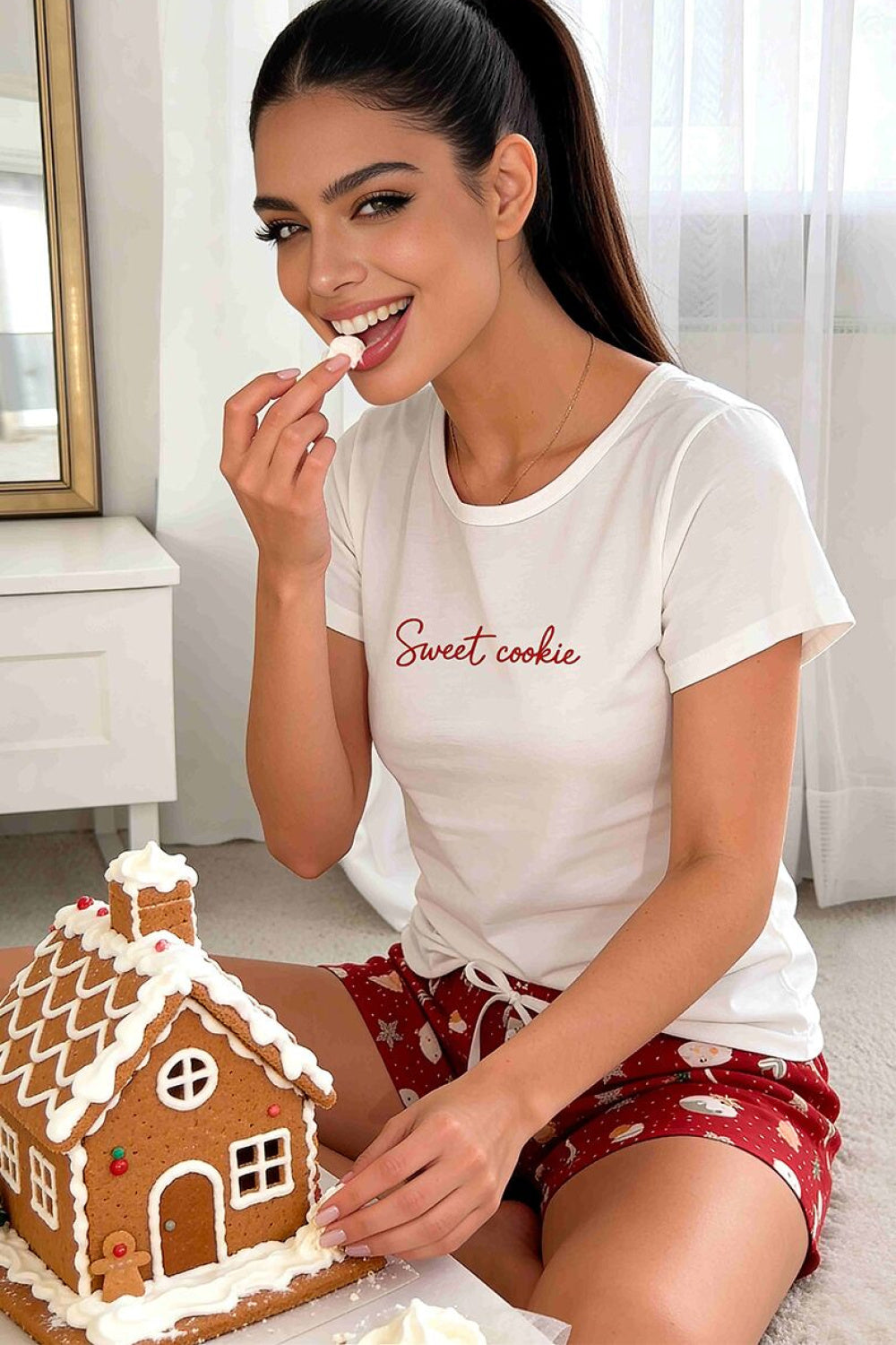 Piżama Cookie Short – ecru czerwony – zdjęcie 2